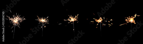 Collage with bright burning sparklers on black background, banner design