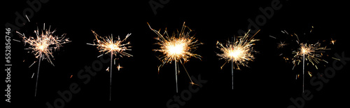 Collage with bright burning sparklers on black background  banner design