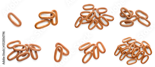 Collage with delicious Sushki (dry bagels) on white background, top view. Banner design photo