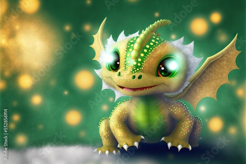 Dragon creature, golden and green colors, sparkly scales, shiny eyes, cute, generative ai. © FantasyEmporium