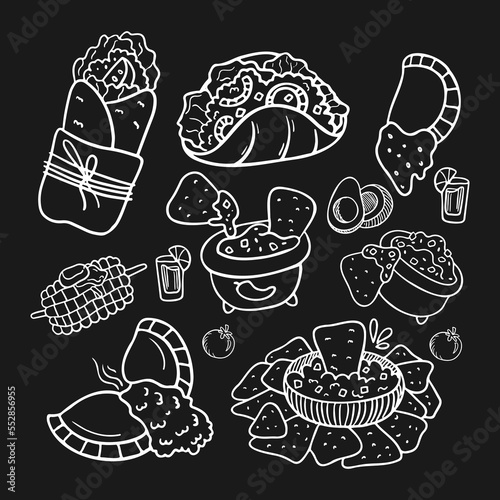 Mexican cuisine dishes on a black background. Chalk background. Hand drawn nachos, tacos, burritos.