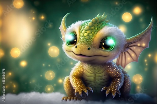 Baby dragon creature, golden and green colors, sparkly scales, generative ai.