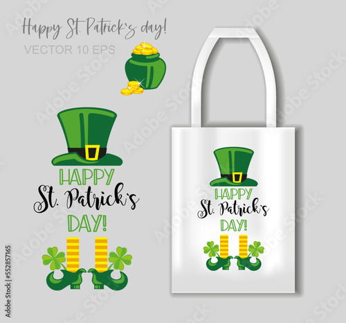 Happy st Patrick s day - lettering with leprechaun. Illustration with tote bag mockup