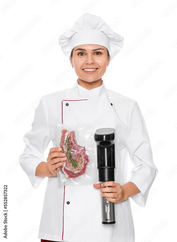 Chef holding sous vide cooker and meat in vacuum pack on white background Chef holding sous vide cooker and meat in vacuum pack on white background