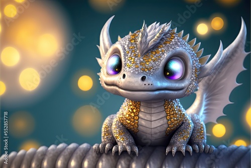 Baby dragon  golden and silver colors  sparkly scales  generative ai.
