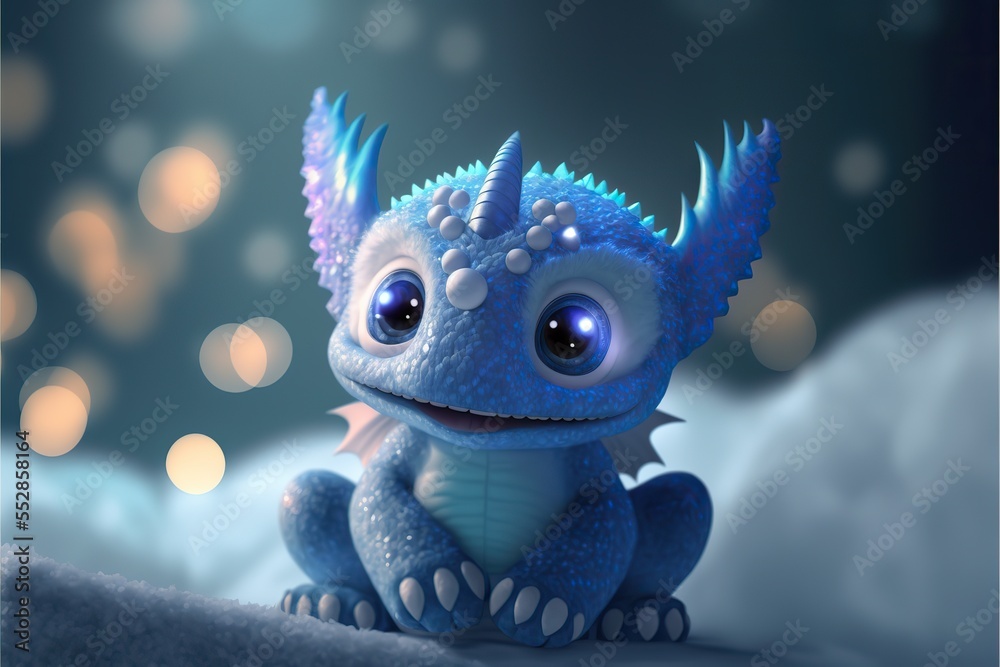 Cute luminescent blue baby dragon looking creature, generative ai.