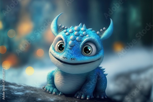 Cute luminescent blue baby dragon like creature, generative ai. © FantasyEmporium