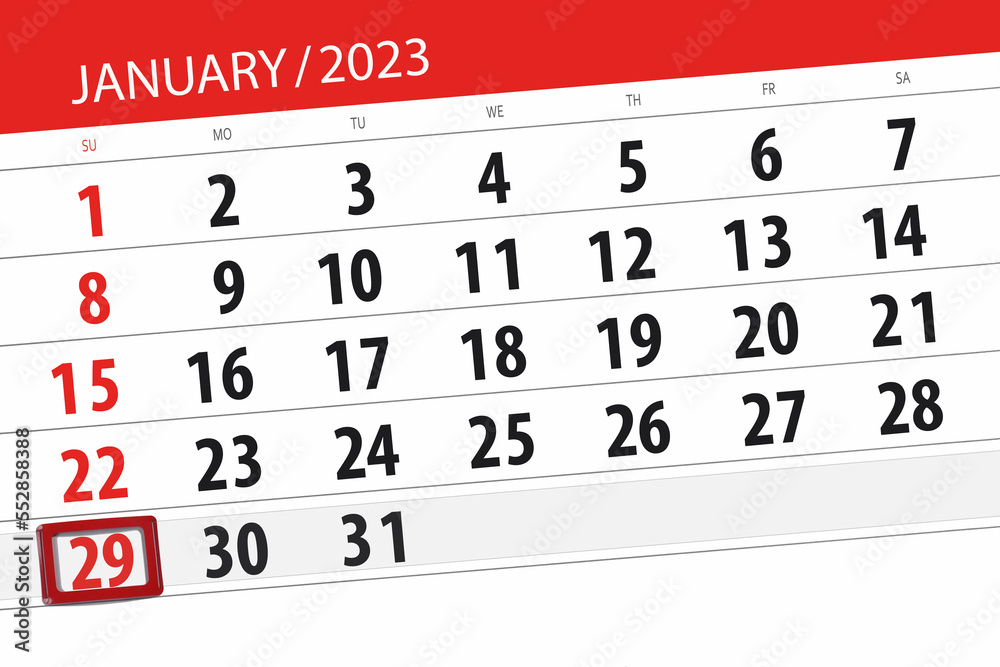 Obraz premium Calendar 2023, deadline, day, month, page, organizer, date, january, sunday, number 29