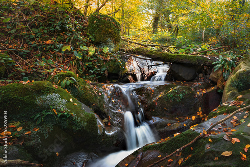 Water flowing over rocks. Autumn beauty in nature. A long exposure of the river flowing over the stones in the autumn forest. Long exposure time. A mountain river among rocks and yellow-red leaves. 