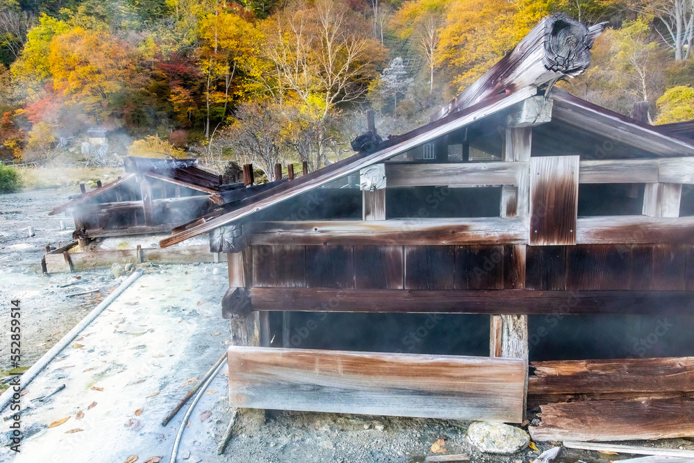 Old wooden onsen bath houses spa buildings in Nikko Japan