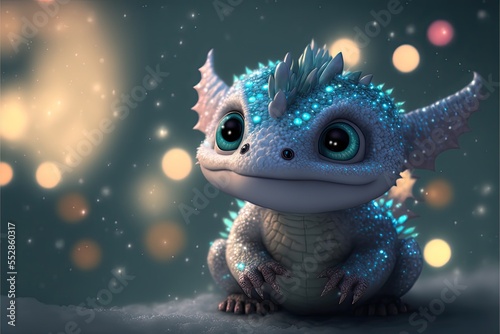 Icy blue baby dragon on a winter background, luminescent scales, generative ai © FantasyEmporium