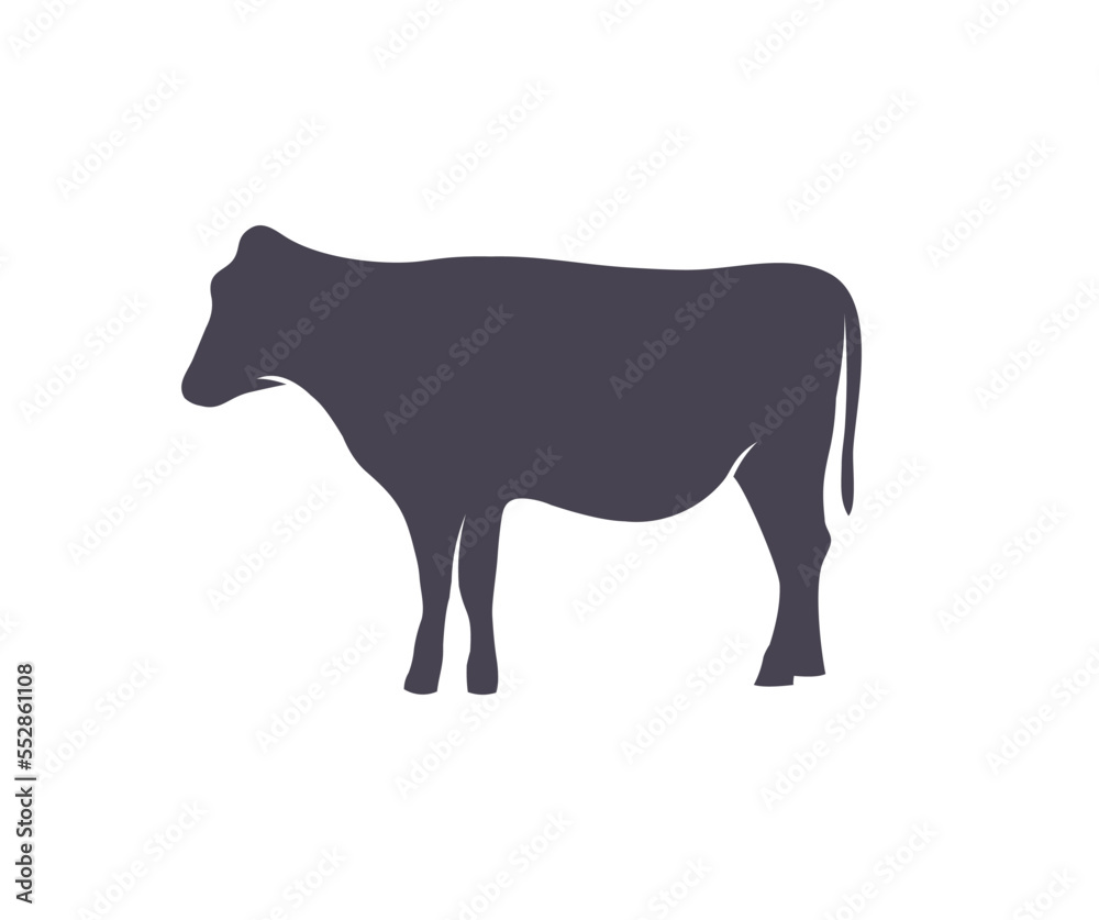 Cow silhouette, farm livestock. Animal silhouette logo design. Farm animal, domestic cattle adult. Feeding of cattle on farmland grassland vector design and illustration.
