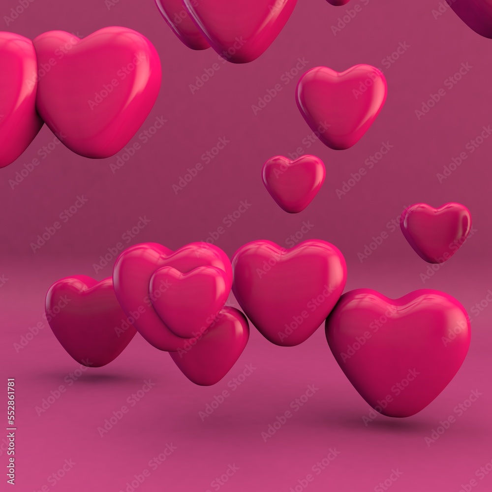 Realistic  3d pink hearts background. Valentines day hearts. Love, romance, flying heart shapes.