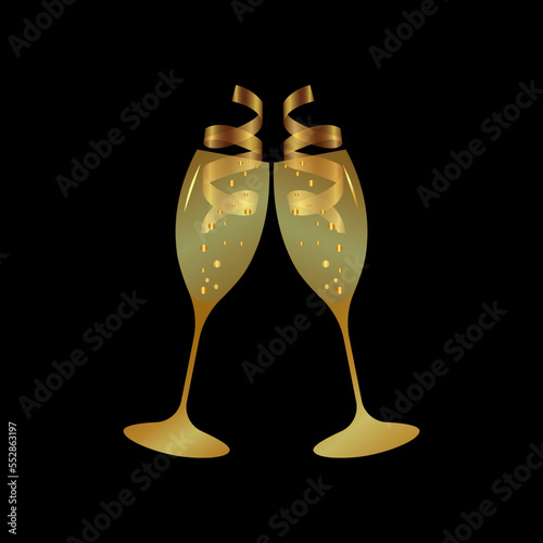 Two glasses with champagne and a serpentine on a black background.