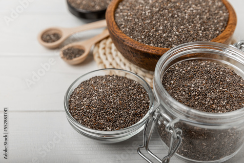 Bowl and spoon with chia seeds, closeup.Superfood. Healthy food. Diet. The concept of proper nutrition. antioxidant. Place for text, space for copy.