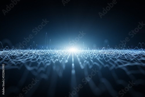 Abstract digital technology music equalizer detailed wavy lines on black background with glowing light.