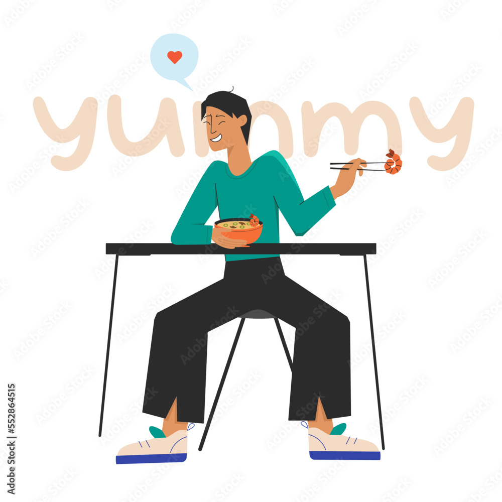 Fototapeta premium Young man sitting at the table and eating miso soup popular korean food and holding shrimp in chopsticks. Food concept. Vector stock illustration isolated on white background in flat style