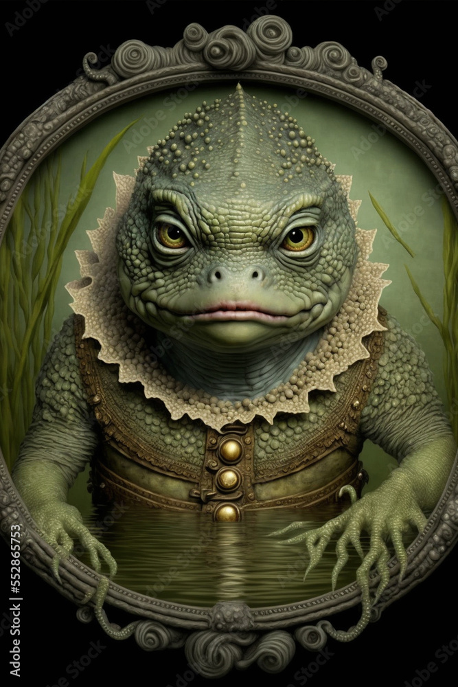 Obraz premium Framed swamp frog like creature with amphibian and fish like features. Green in color with intense eyes and a scary face. Created with generative AI. 
