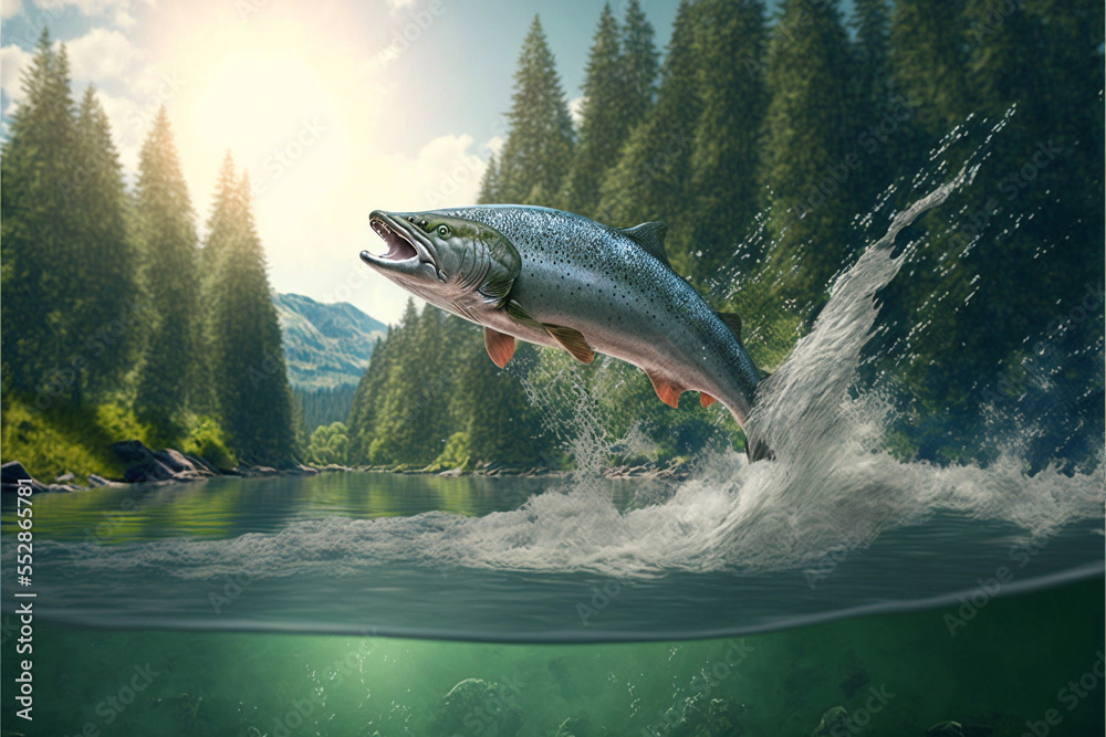 Wild chinook salmon fish jumping out of river water in a forest