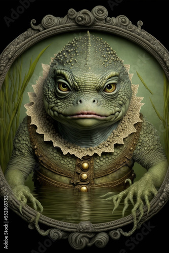 Framed swamp frog like creature with amphibian and fish like features. Green in color with intense eyes and a scary face. Created with generative AI. 