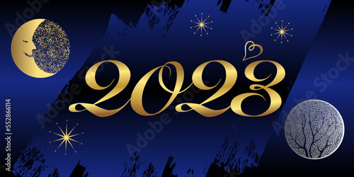 2023 - carte de vœux ou bannière romantique pour la nouvelle année avec un clair de lune sur un fond de ciel étoilé. photo