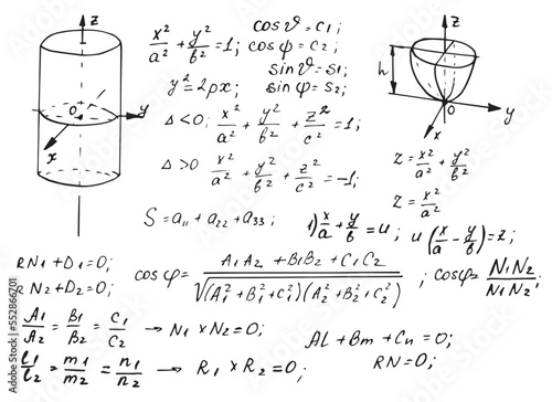 Vintage education and scientific background. Math law theory and mathematical formula, equation and scheme on whiteboard. Vector hand-drawn illustration.