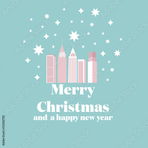 Merry Christmas greeting card with snowflakes.Winter in New York.Snow globe.