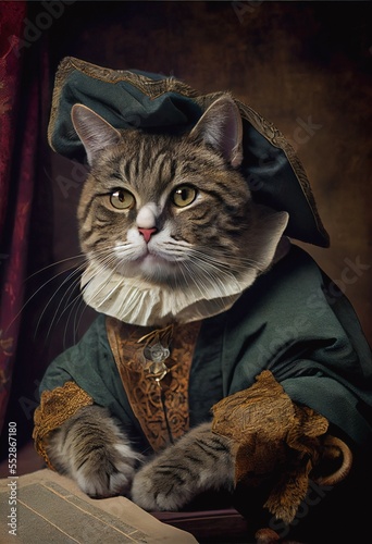Fotografie, Obraz cute adorable kitty cat dressed in a wealthy renaissance merchant outfit