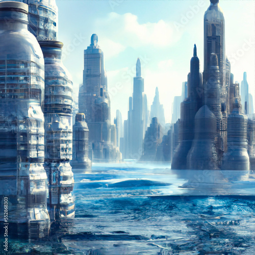 Futuristic cityscape with skyline of plastic bottles  as tall as skyscrapers  that stand in seawater. Generative AI. For motifs of consumerism and the environment.