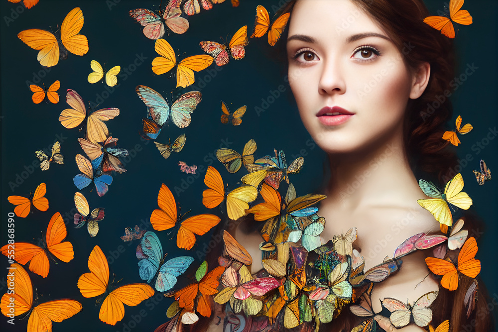 Beautiful young woman with butterfly in big curly hair. Portrait of a woman generated by AI, no one recognizable.