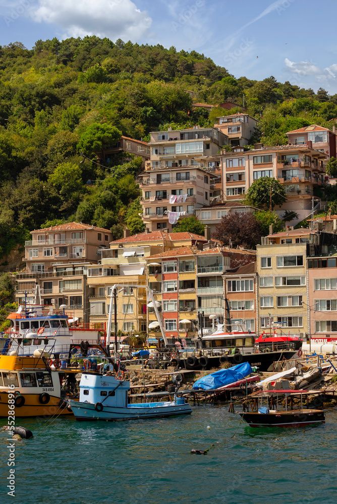 View from the sea of the green mountains of the Europian side of Bosphorus strait, with docked boats, traditional houses and dense trees in a summer day, Istanbul, Turkey