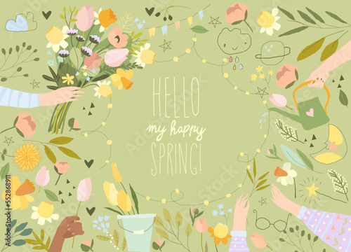 Cartoon Frame with Hands and Bouquets Of Spring Flowers