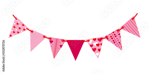Festive garland with painted flags. Garland with triangular flags with ornaments and stripes on a rope. The concept of various holidays. Vector illustration.