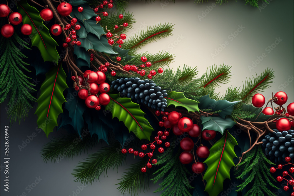 Christmas garland of spruce with red berries