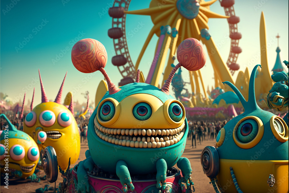 Naklejka premium Group of cute little alien monsters having fun at the amusement park. Colorful funny scenes of monster aliens. Generative AI illustrations