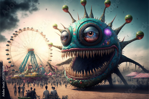 Group of scary alien monsters having fun at the amusement park. Colorful funny scenes of smiling monster aliens. Generative AI illustrations