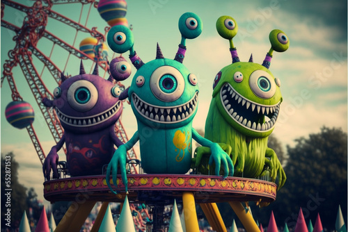 Group of cute little alien monsters having fun at the amusement park. Colorful funny scenes of monster aliens. Generative AI illustrations