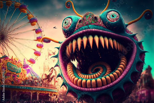 Group of scary alien monsters having fun at the amusement park. Colorful funny scenes of smiling monster aliens. Generative AI illustrations