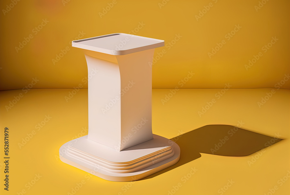 White podium stand pedestal for product display on a yellow backdrop with a shadow depiction of an empty display scenario for product placement. Generative AI White podium stand pedestal for product display on a yellow backdrop with a shadow depiction of an empty display scenario for product placement. Generative AI