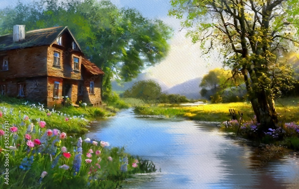 Fototapeta premium Paintings rural landscape, house on the river