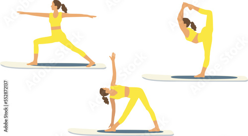  SUP Yoga. Women doing different asanas and exercises on a stand up paddle board. Woman practicing sup board yoga on water. Stand Up Paddle Yoga Workout. rowing sup yoga on a paddle Board