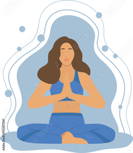 Woman meditating in lotus position yoga asana. Conceptual illustration of yoga, observation, relaxation, zen, harmony, relaxation, healthy lifestyle.