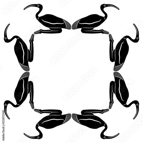 Rectangular animal frame with ibises. Ancient Egyptian sacred bird. Black and white silhouette.