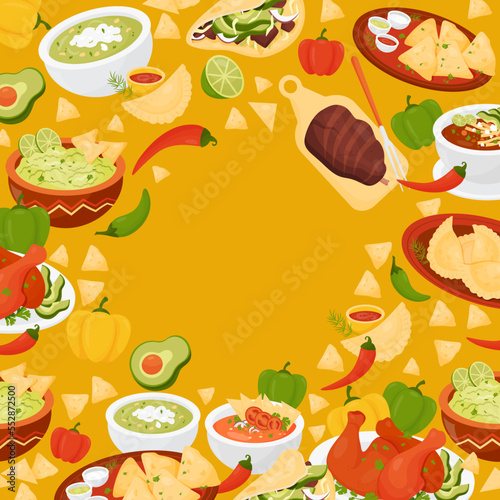 Square poster mexican food. Quesadilla, Tacos, guacamole with nachos, Tomato Soup, Empanadas, Mexican Achiote Chicken, Roasted Pork Leg Grilled on yellow background. Vector illustration