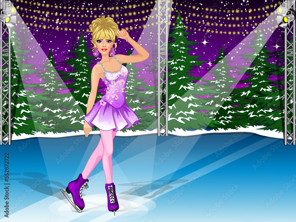 Cartoon Girl goes Ice Skating on Ice Rink Background Scene. Vector
