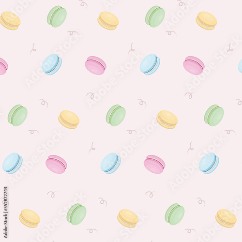 seamless pattern with colorful macarons on beige background 