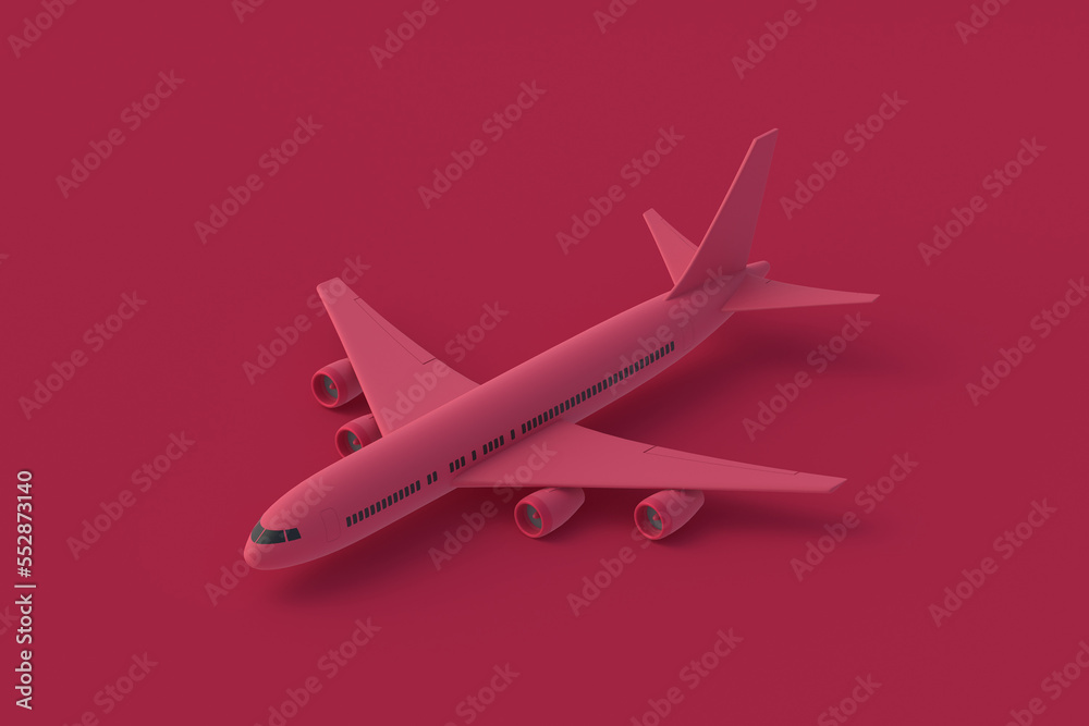 Airplane of magenta on red background. Color of the year 2023. 3d render