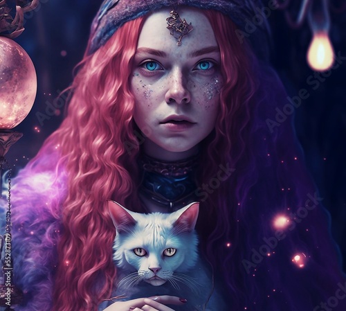 Wizard young lady and her mysterious cat digital art