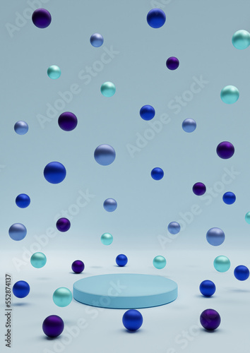 Light, pastel, baby blue 3D illustration minimal product display Christmas themed colorful decoration Christmas balls colorful metallic marbles falling photography wallpaper with one podium or stand