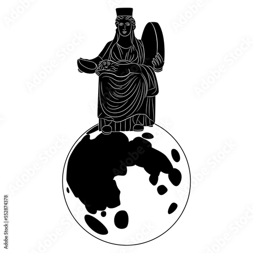 Goddess Cybele sitting on a shining full moon. Great mother archetype. Creative feminist concept. Nyx, Hecate or Selene. Black and white silhouette.